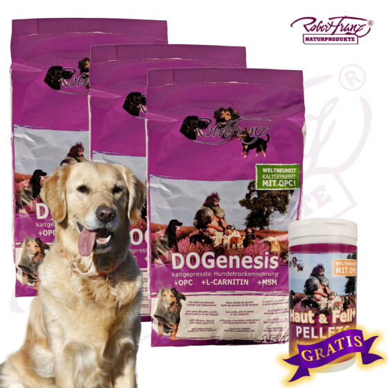 3 x DOGenesis 15kg + „gratis“ Haut & Fell Pellets 900g